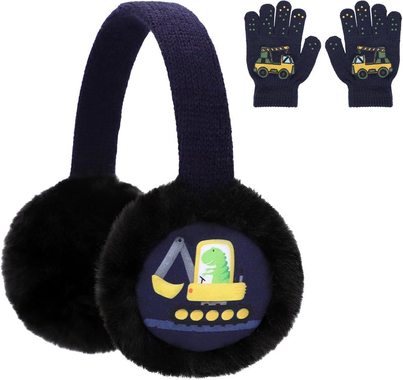 BUTITNOW Boys Truck Ball Game Controller Excavator Earmuffs & Gloves Set, Soft Plush Comfortable Winter Outdoor Ear Warmers - Image 1